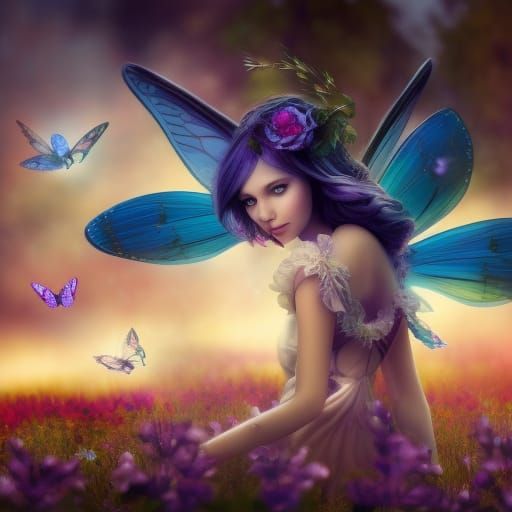 Beautiful fairy with angelic face and translucent colorful wings ...