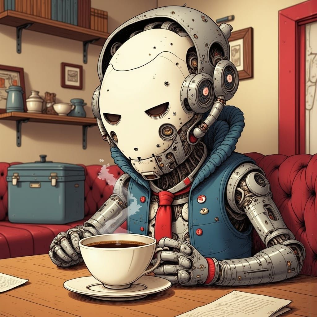 <lora:No Coffee 4 Androids:1.0>
A malfunctioning android drinking too much coffee