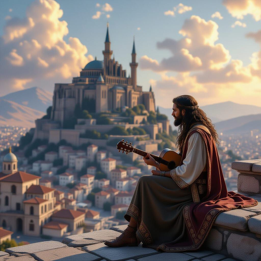 Musician with Guitar on Castle Balcony