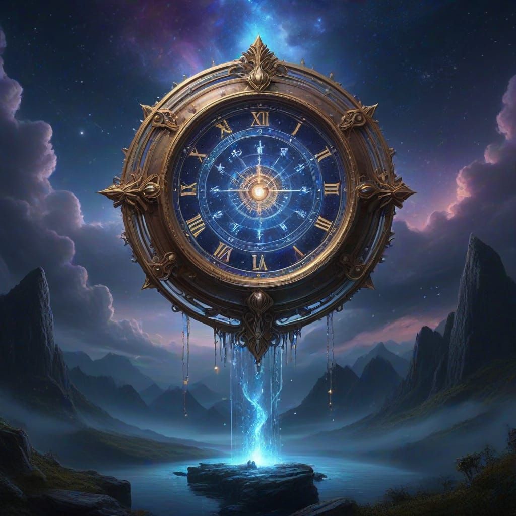 
"A breathtakingly detailed, high-resolution digital painting of a colossal, floating Celestial Timepiece suspended high in the clouds over ...