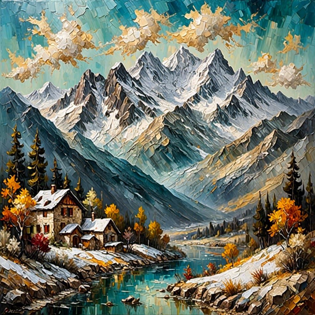 The Snow-capped Alpine Mountains <lora:Impasto Painting:1.0> 