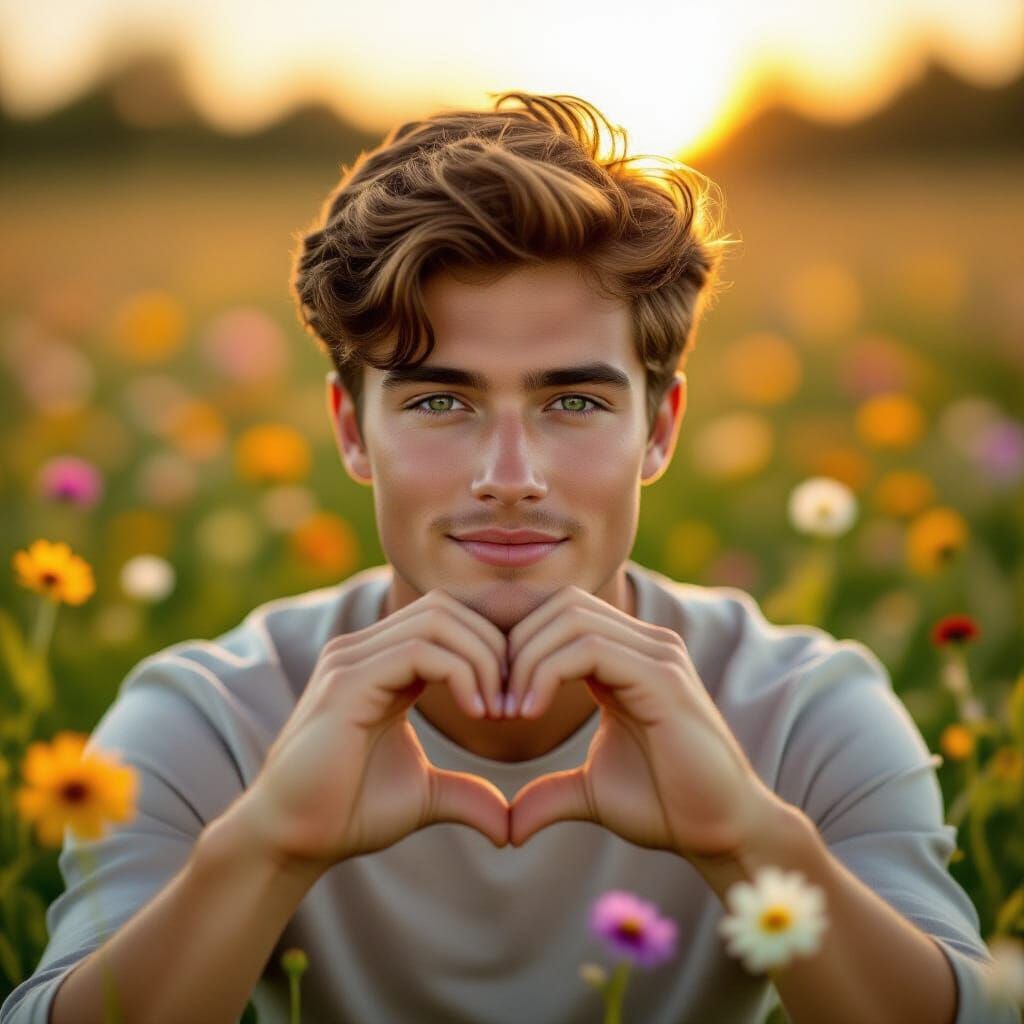 Man Forms Heart with Hands in Golden Hour Meadow
