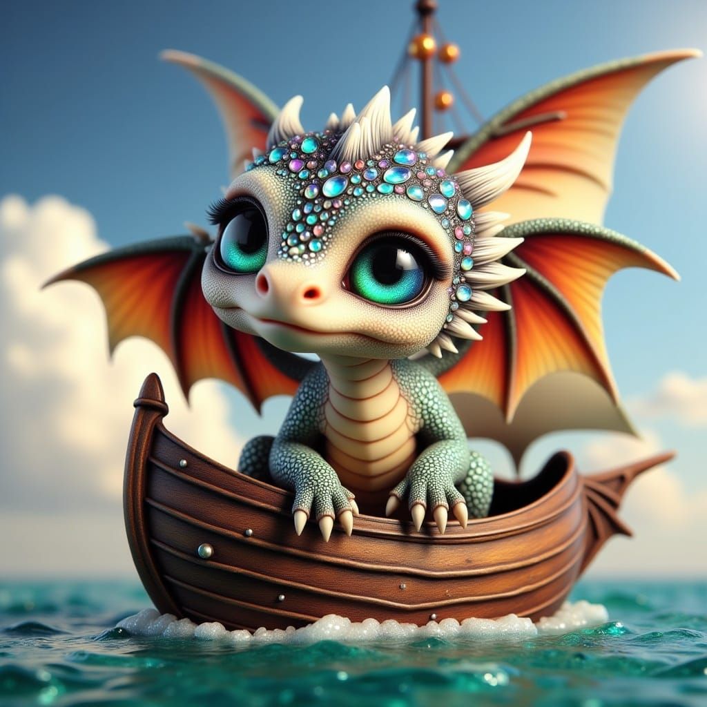 <lora:Flux Real BabyDragon:1.0> Realistic baby dragon, big expressive eyes, intricate scales, symmetrical wings; sailing ship, ocean, sunny...