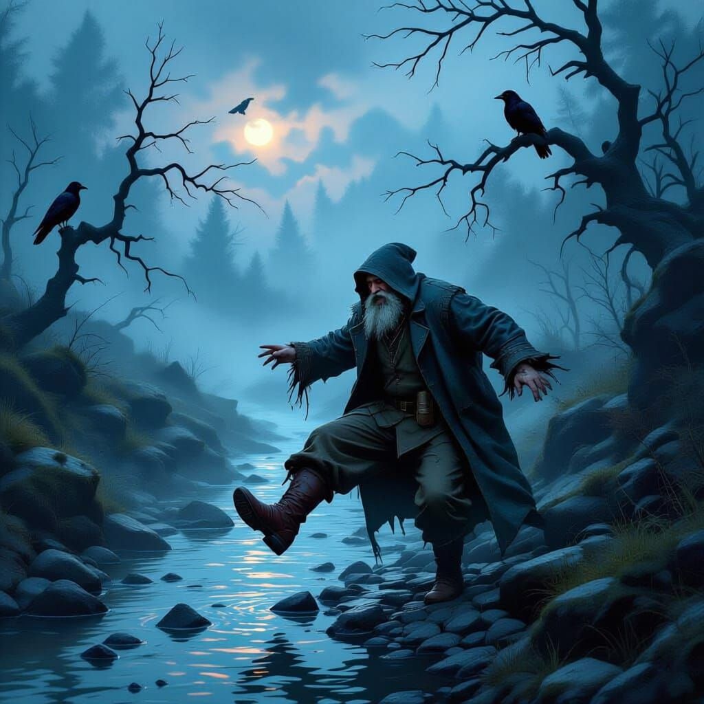 Create a highly detailed and immersive gothic fantasy scene depicting the hilariously chaotic Drunken Fisherman's Tale encounter in a misty ...