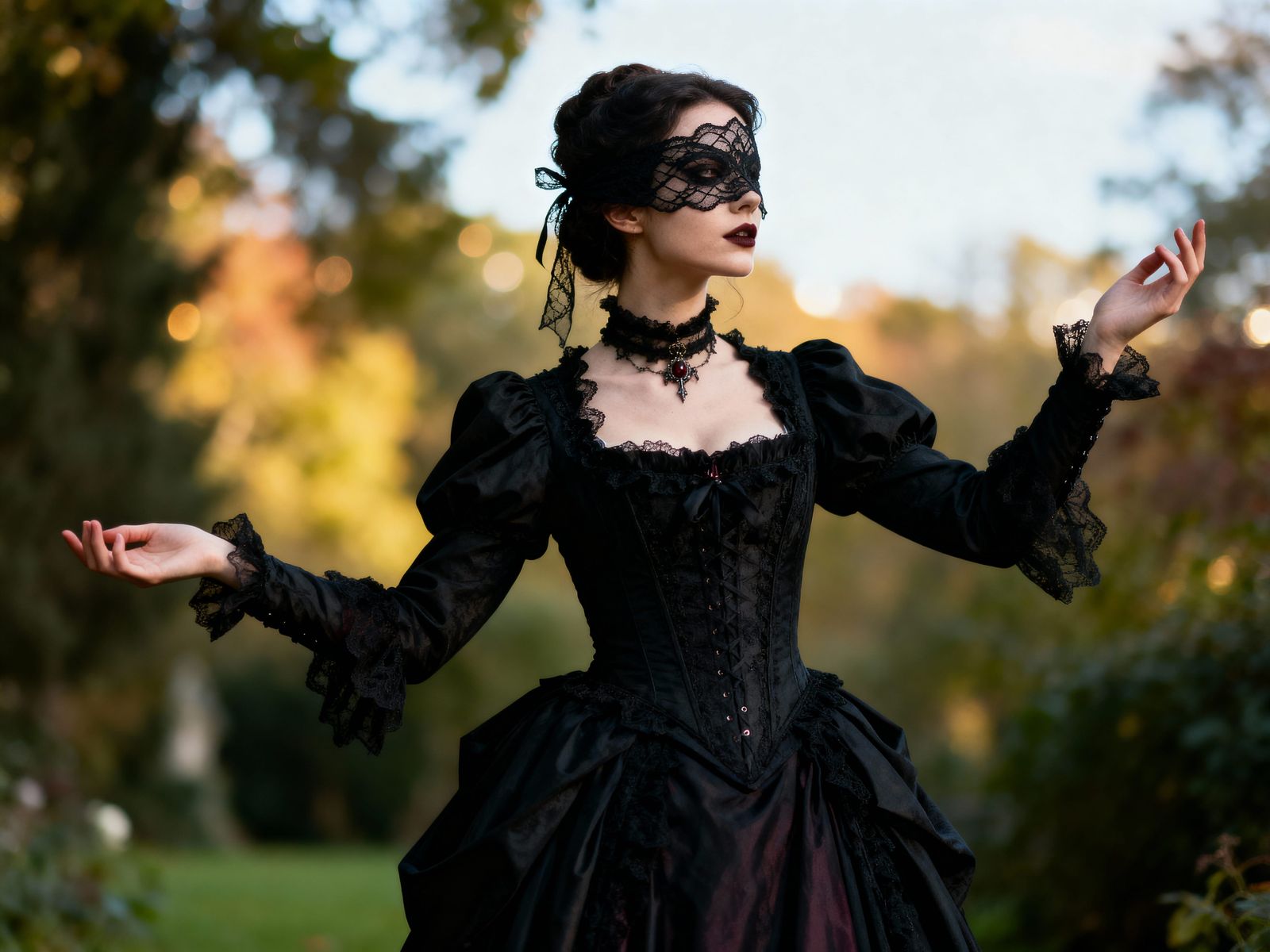 Gothic Woman in Victorian Dress and Lace Mask