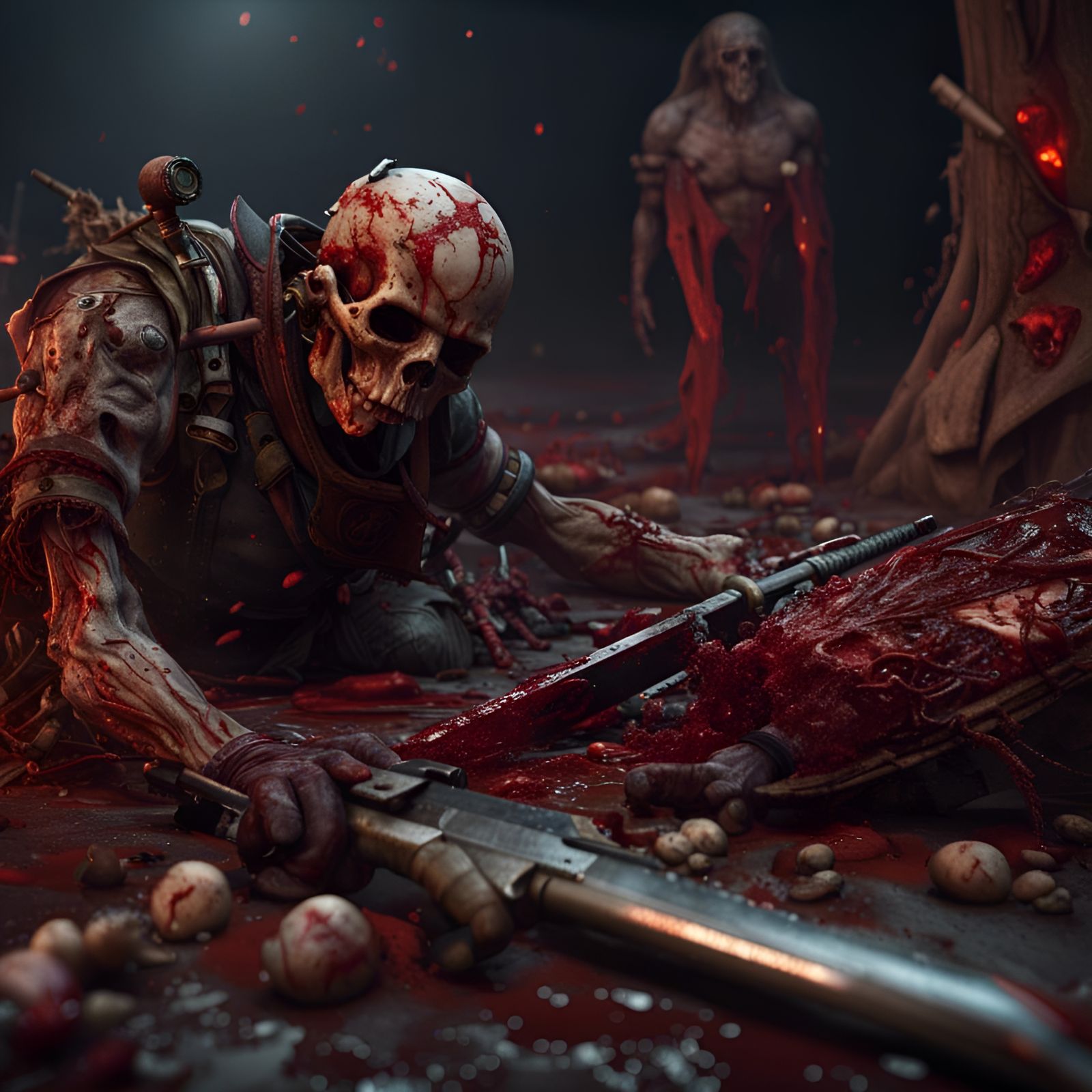 rotting human bloody bodies on battlefield and weapons