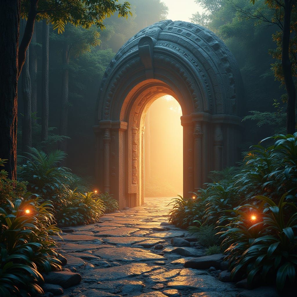 Mystical Jungle Temple Entrance in Golden Light