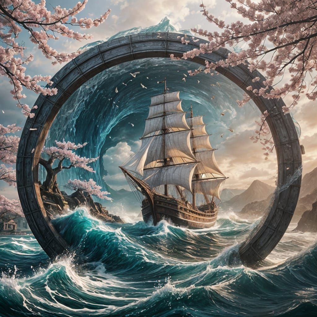 watery portal in the middle of a calm, traditional Japanese sea.