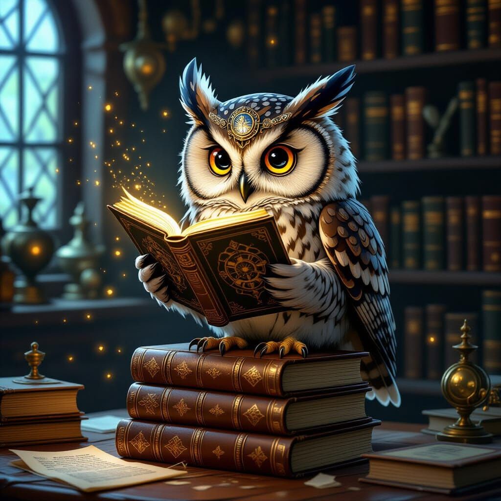 A whimsical owl, perched atop a stack of ancient, leather-bound books, wearing a tiny, intricate steampunk monocle. The owl is reading from ...