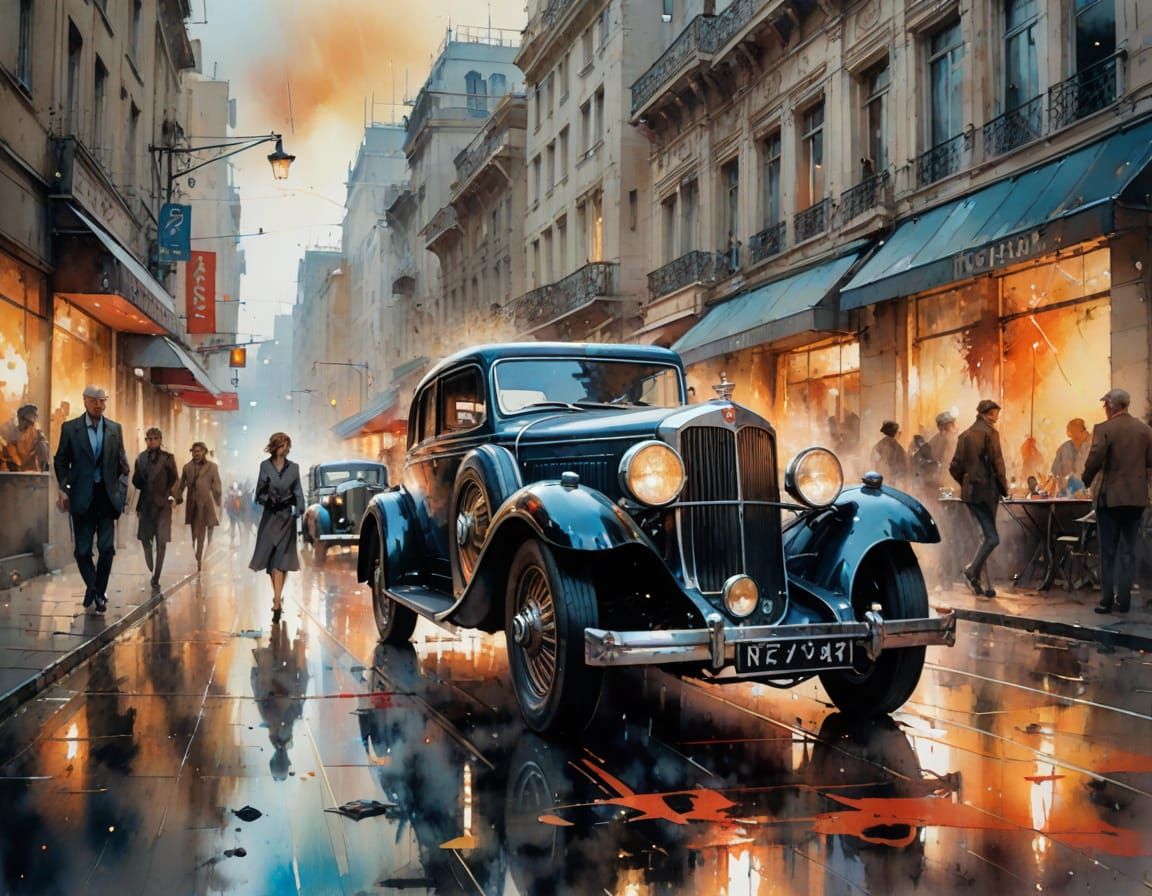 Squeals on Wheels. The scene is awash in the warm glow of vintage lighting, casting long shadows and ...  by @Pinto