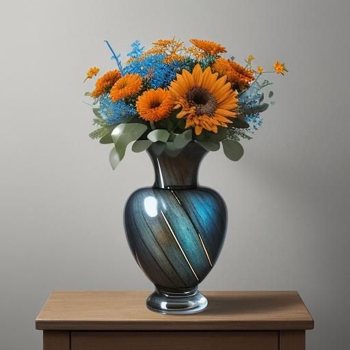 A vase made of labradorite, containing a bouquet of calendul...