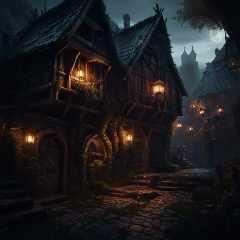 Medieval fantasy village in darkness during night - AI Generated ...