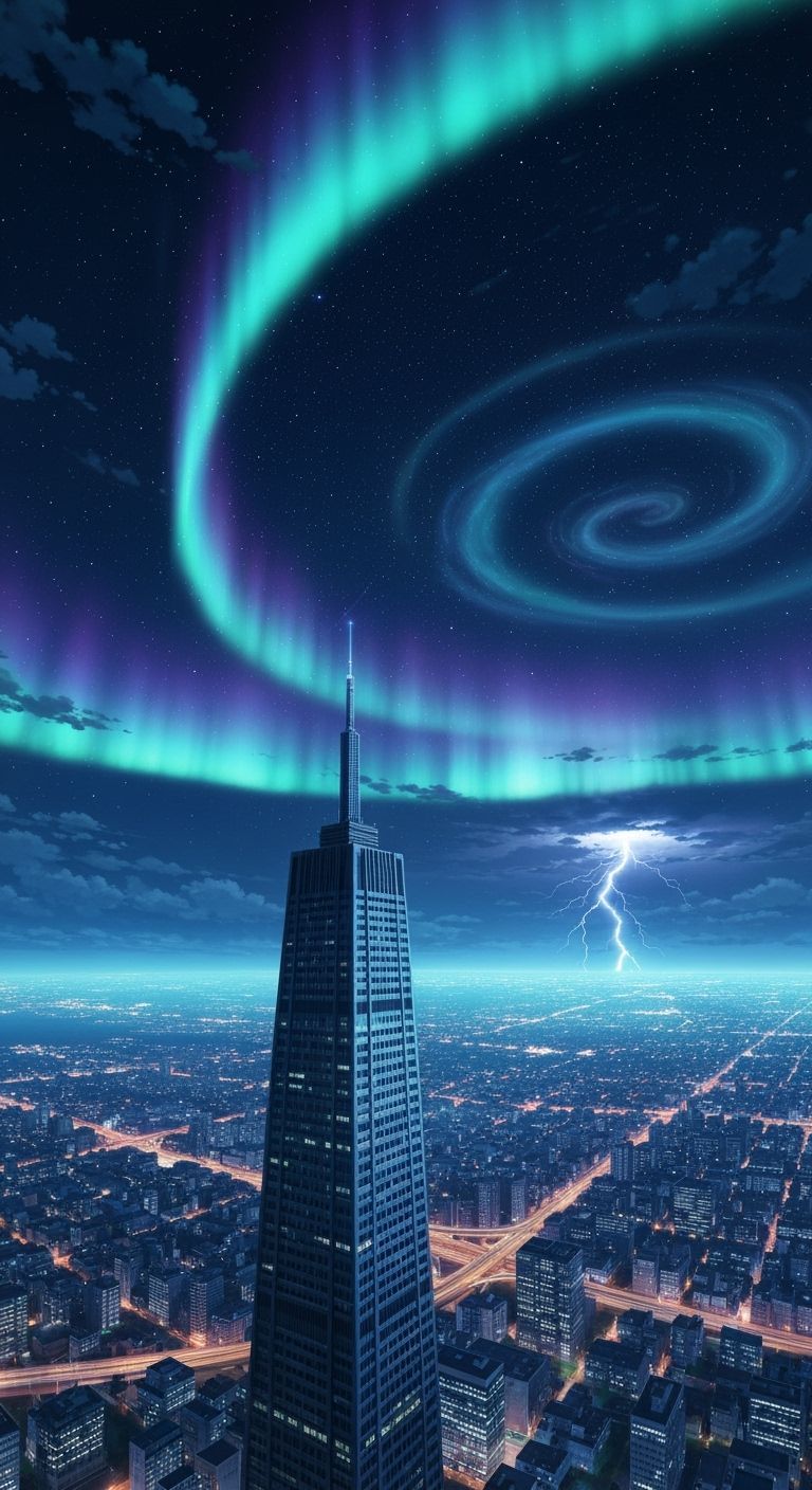 From top view on the skyscraper and look down to the below city. The night is many stars and aurora. There is a lightning far away.
Masterpi...