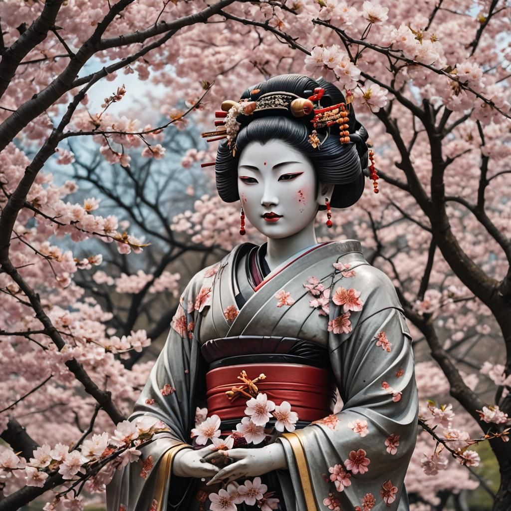 Geisha Statue Surrounded by Cherry Blossoms
