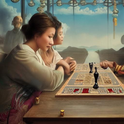Diverse Women Play Mahjong in Surreal Oil Painting