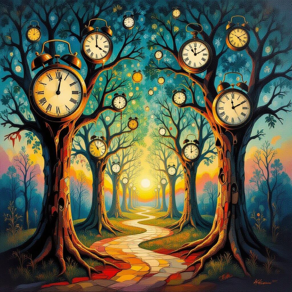 Surrealist Melting Clock Forest Oil Painting