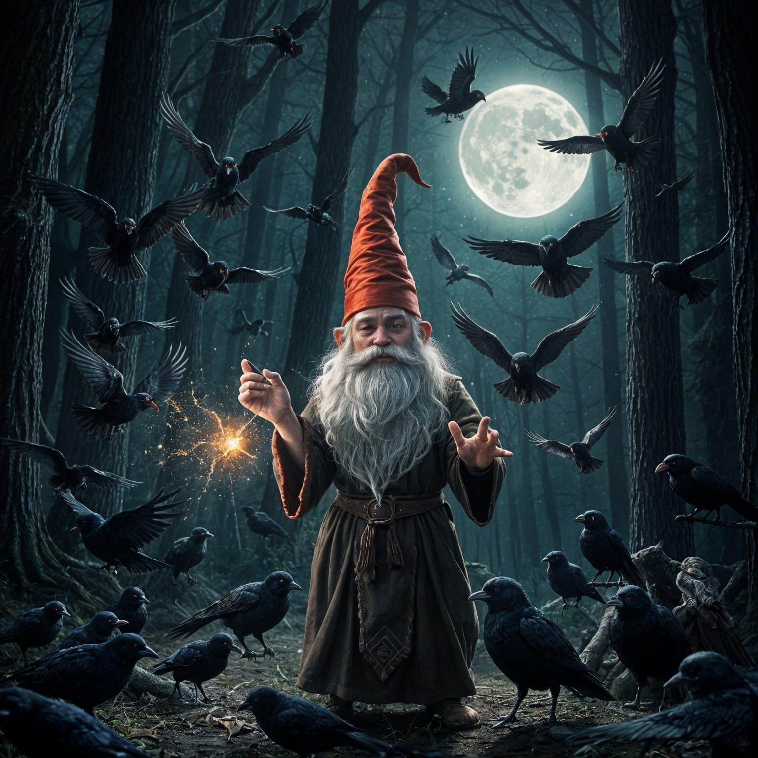 A gnome, attempting to cast a powerful spell, accidentally conjures a swarm of confused, iridescent crows instead of the intended magical en...