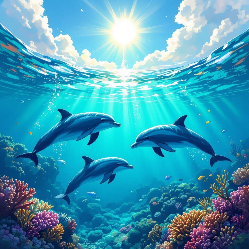 pod of of dolphins swimming in the ocean with bright sun shining above
