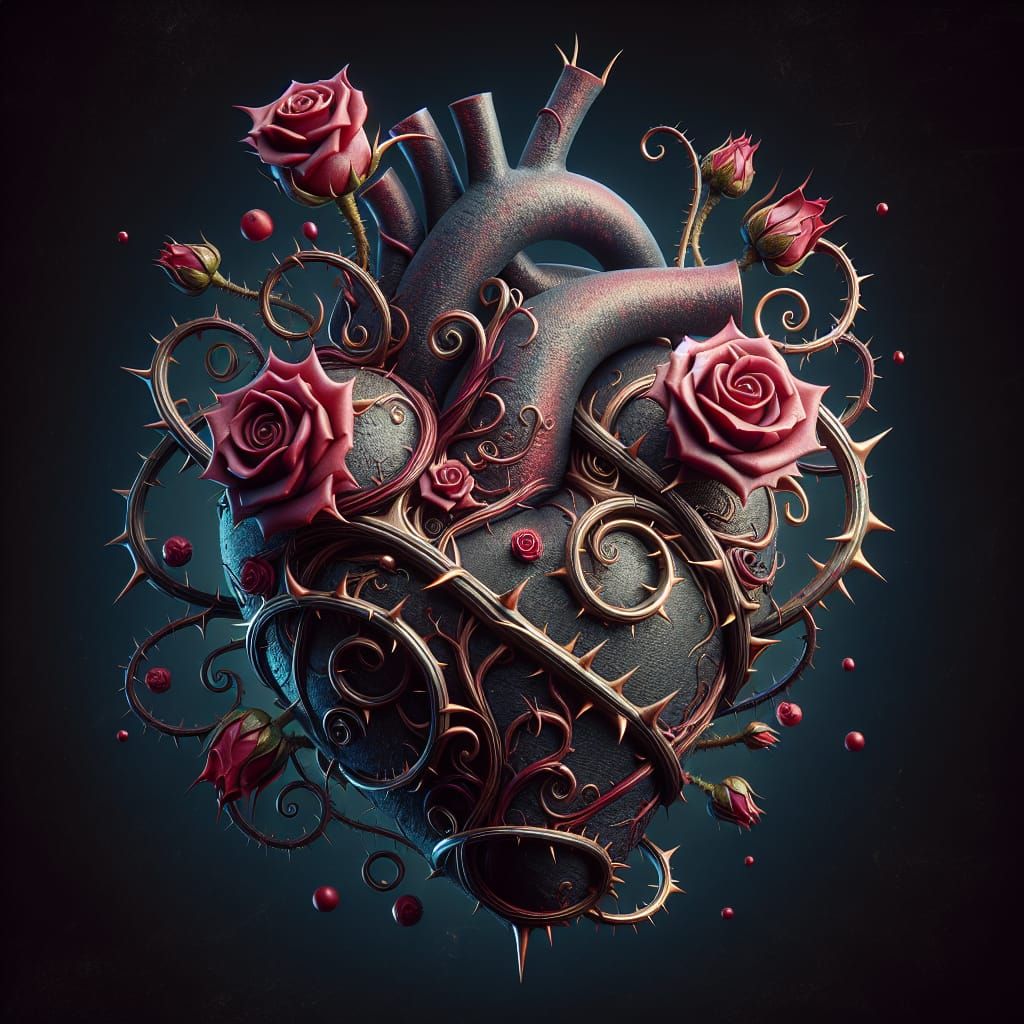 gothic rose shaped heart with thorns around it