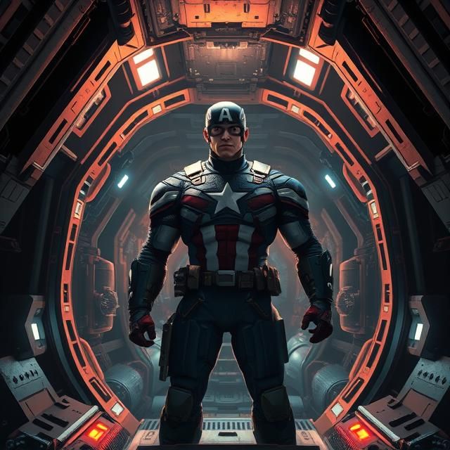 CAPTAIN AMERICA STANDING IN THE OPEN CARGO BAY OF A FUTURIST...