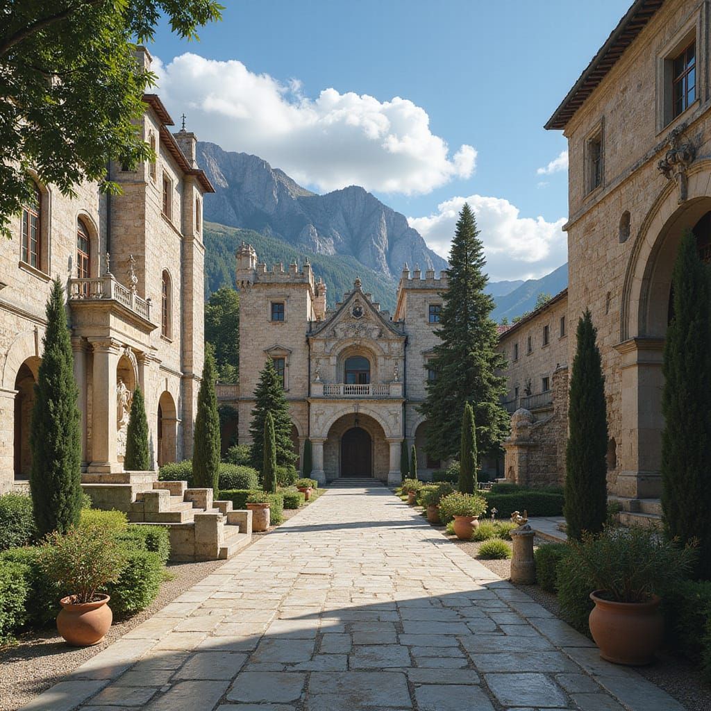 The courtyard of the great castle of Tavræ, marble stones, trees, fountains and sculptures, magnificent architecture, rich saturated colors,...