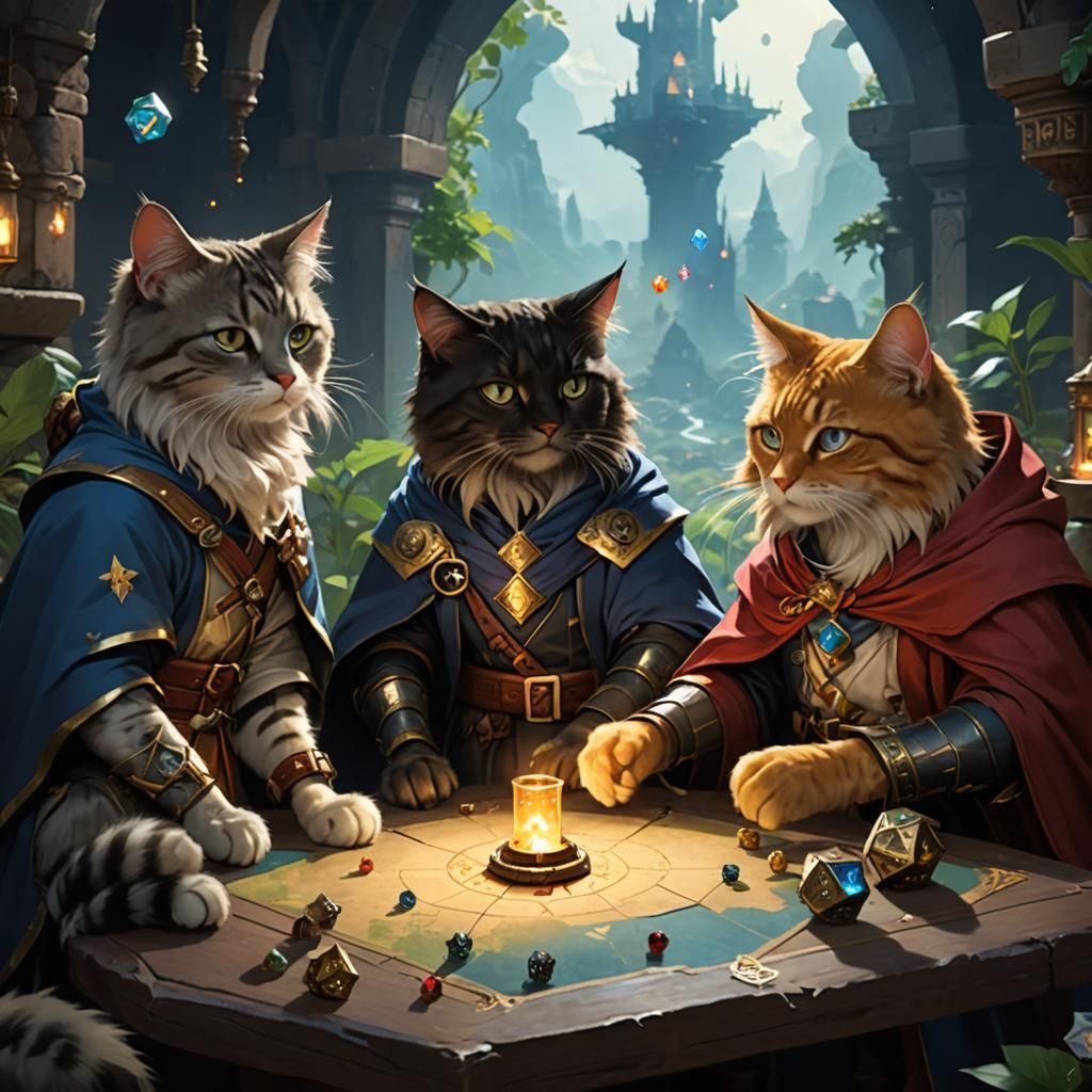 Cats playing D&D  by @Woman with Scars