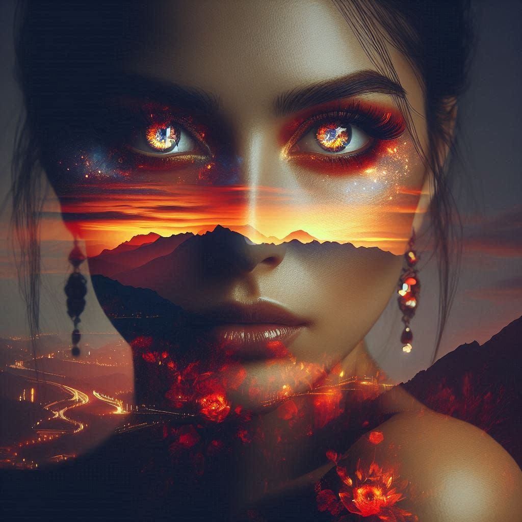 Double exposure portrait Mysterious Woman Pin-up, Double Exposure