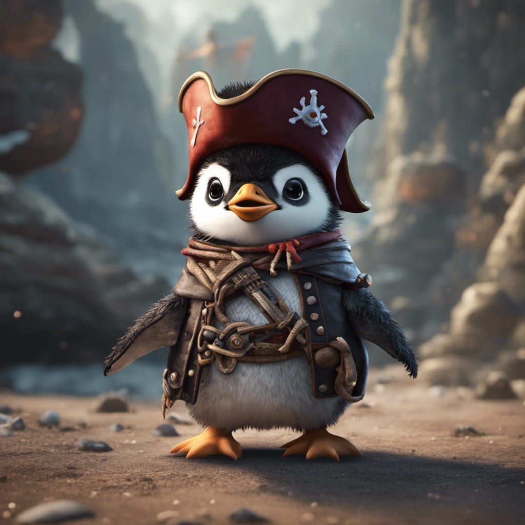 Baby penguin playing pirate  by @Gayunicorns 