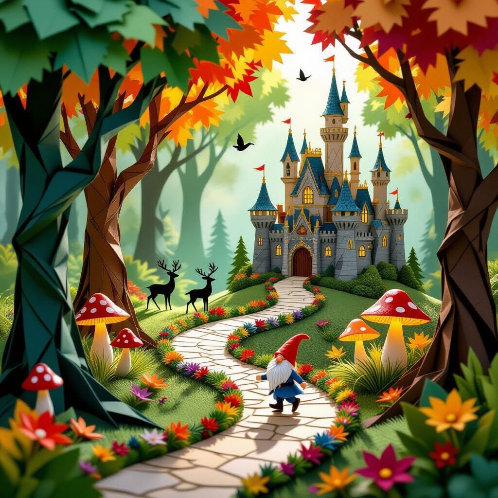Enchanted Origami Forest Diorama with Castle and Gnome
