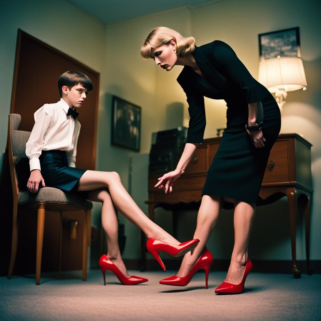 Mother watches her crossdressing 18 year old son walk while wearing very  high black high heel stilettos - AI Generated Artwork - NightCafe Creator