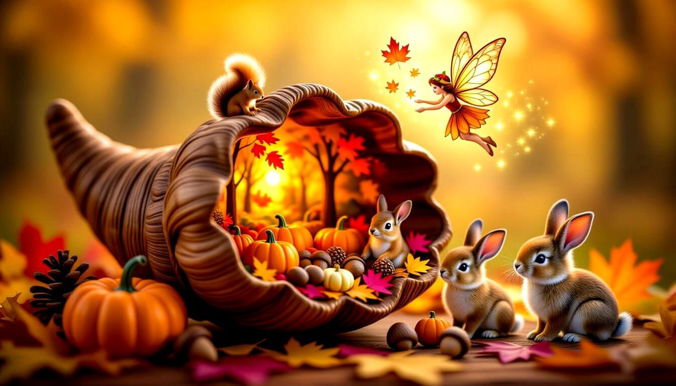 Enchanted Autumn Cornucopia with Fairies and Woodland Creatu...