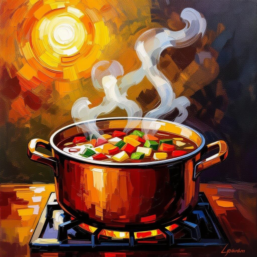 Bubbling Chulent Pot in Textured Impasto Style