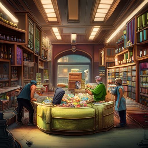 A group of chameleon stock clerks blending into the shelves as they rearrange colorful cereal boxes and a cute red panda...