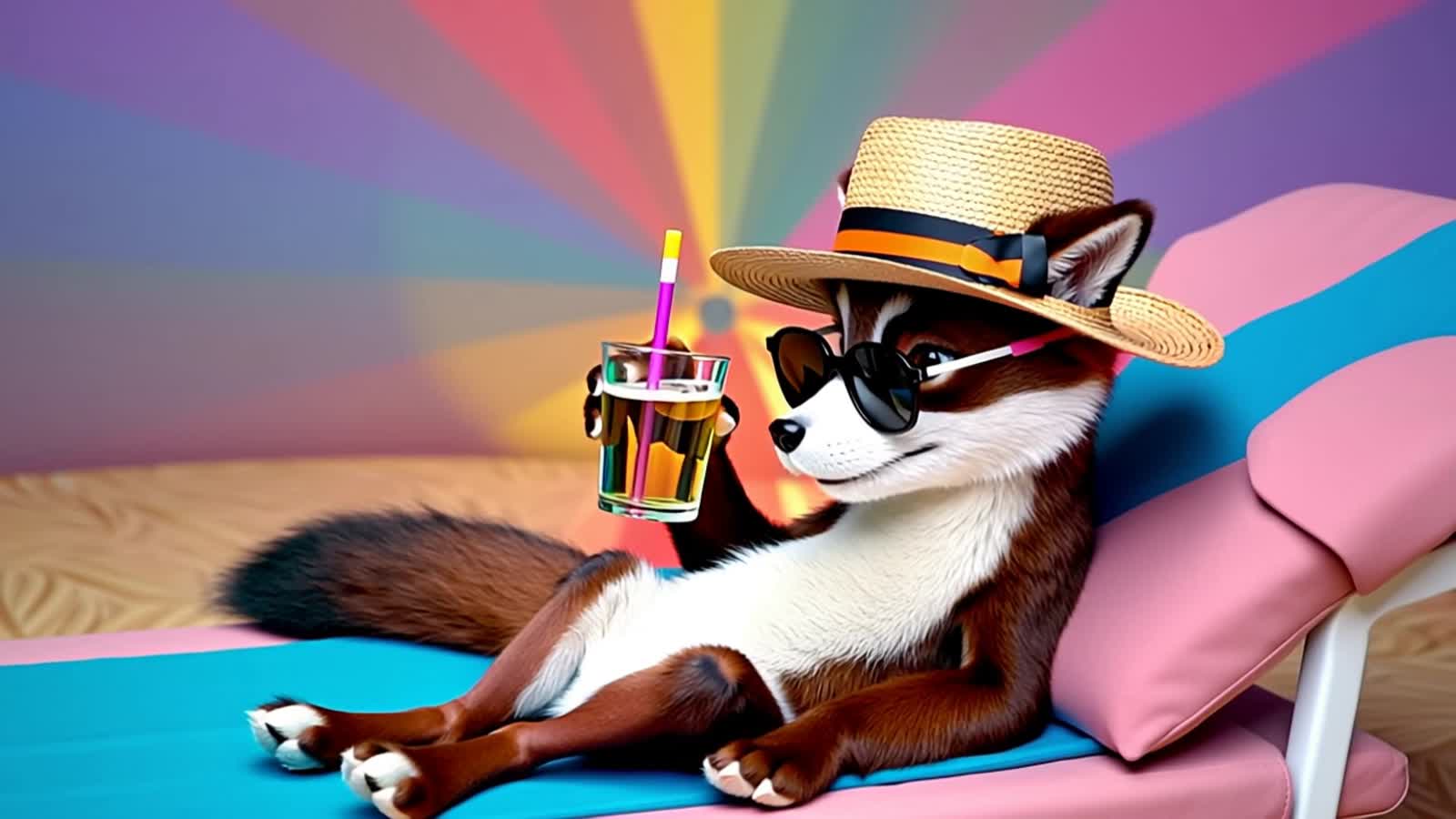 A fox lies relaxed on a lounger wearing sunglasses and a straw hat