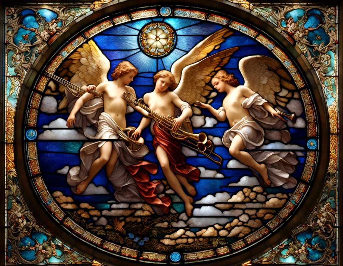 Refined Stained Glass Art :: exquisite flying male angels playing harps and trumpets :: A masterpiece ,fractal iridescence,  holographic,  h...
