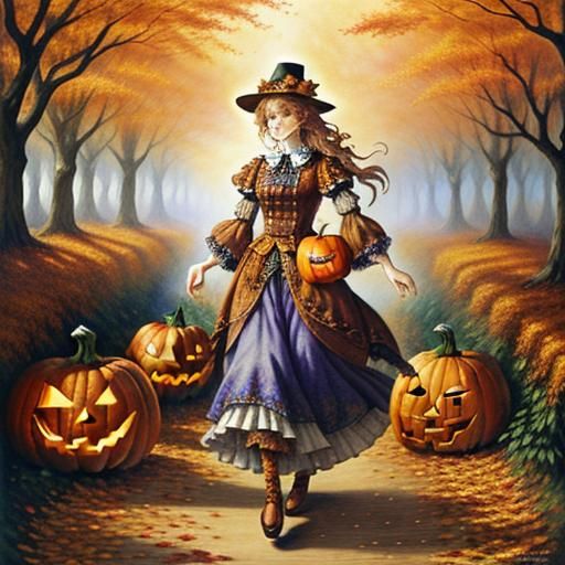 hyper detailed elovely watercolor art of a cute halloween character with pumpkin head walks along a path lined with pumpkins, many different...