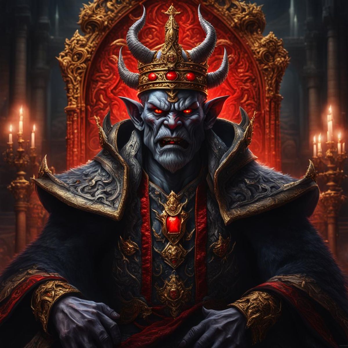 Photorealistic head and shoulder portrait of a majestic evil oni king ...