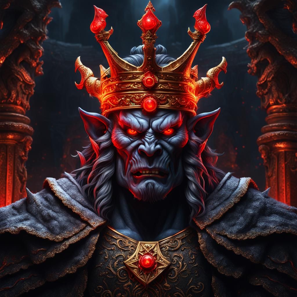 Photorealistic head and shoulder portrait of a majestic evil oni king ...