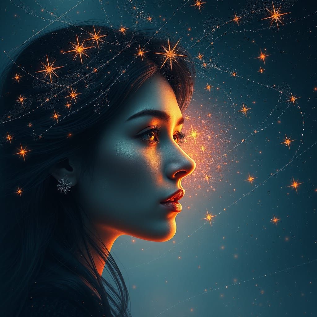 A woman's and a man's face formed from the stars. Romantic.