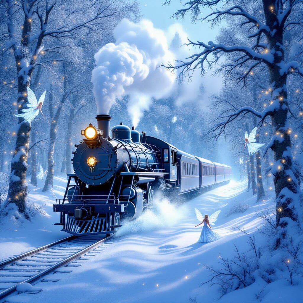A magical train made entirely of shimmering ice glides through a snow-covered forest. Its steam is like swirling snow, sparkling in the cold...