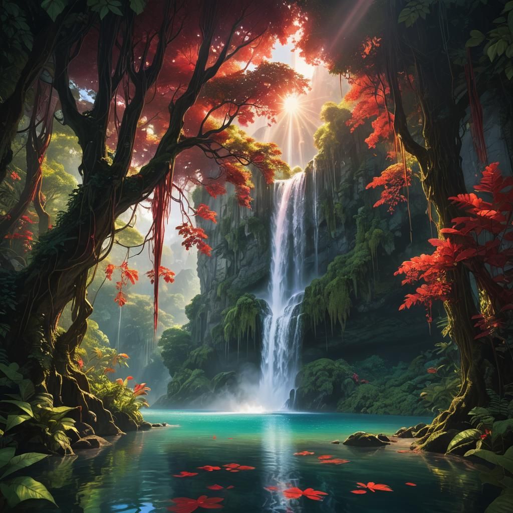 A window to another dimension through , captured in a stunning illustration of a towering waterfall cascading ...  by @panyanka