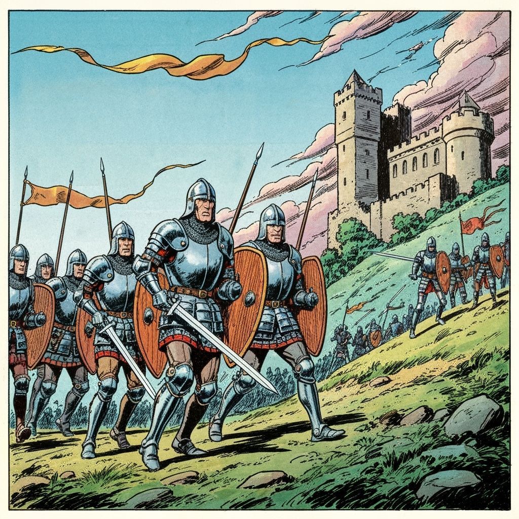 Medieval Soldiers Marching to Castle in Comic Style