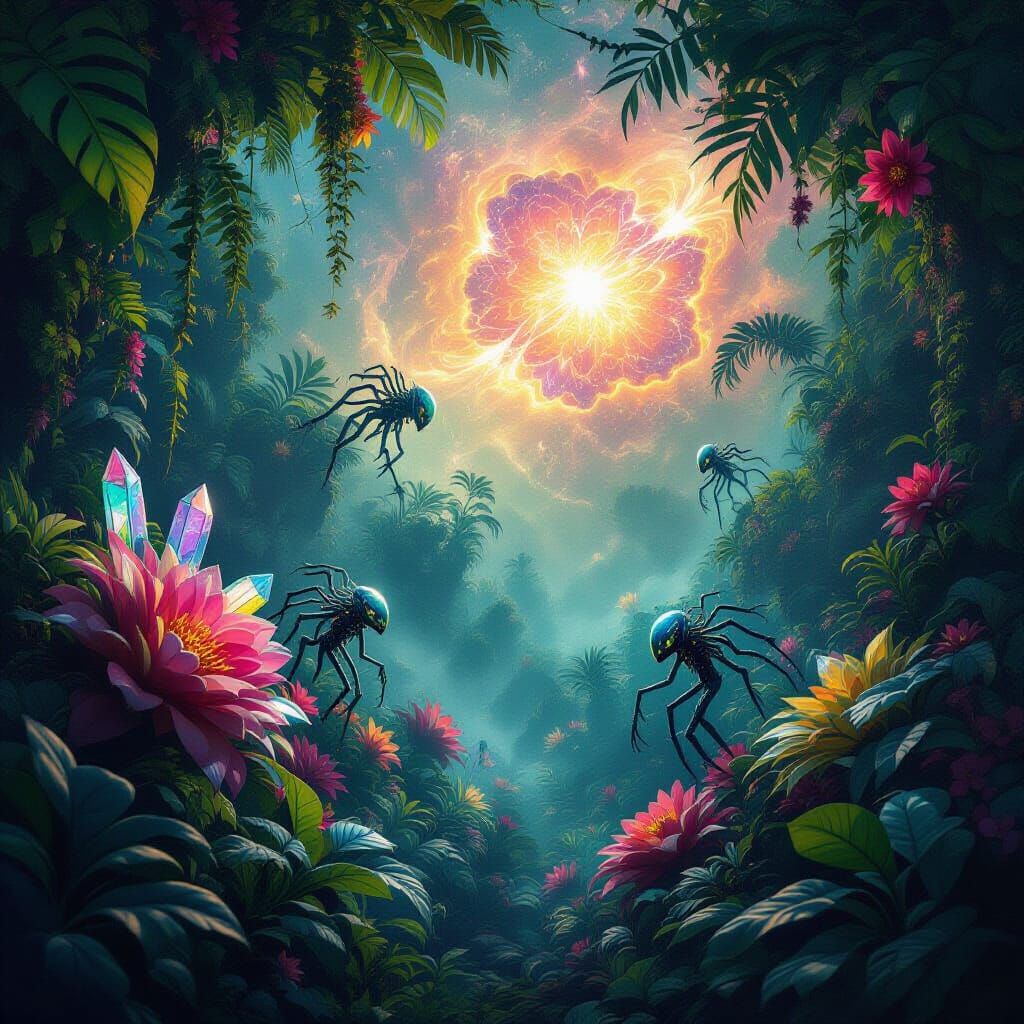 A vibrant, alien jungle where the flora mimics intricate stained-glass patterns, illuminated by the light of a nearby supernova. Strange, cr...