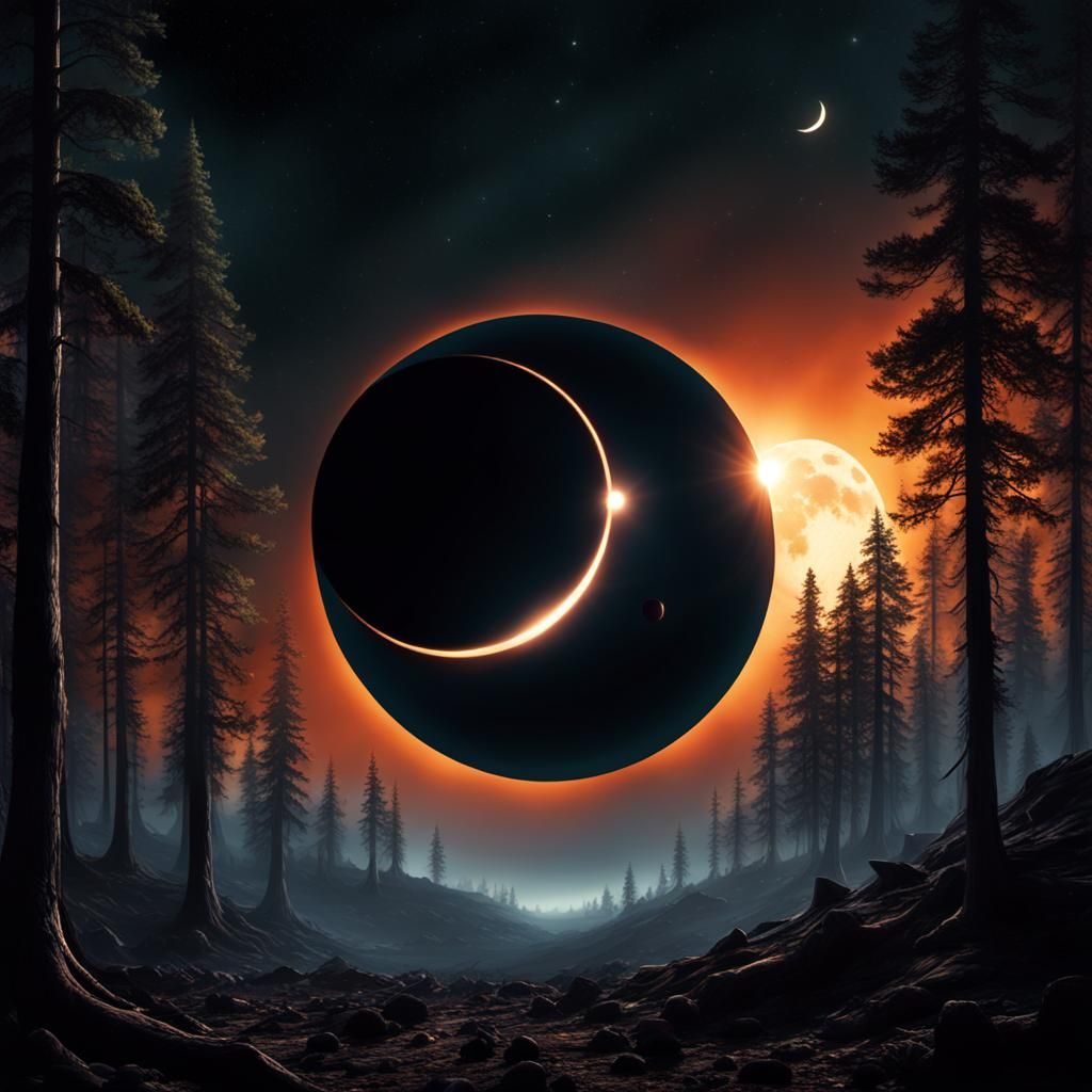 A solar eclipse over the dark forest of an alien planet - AI Generated ...