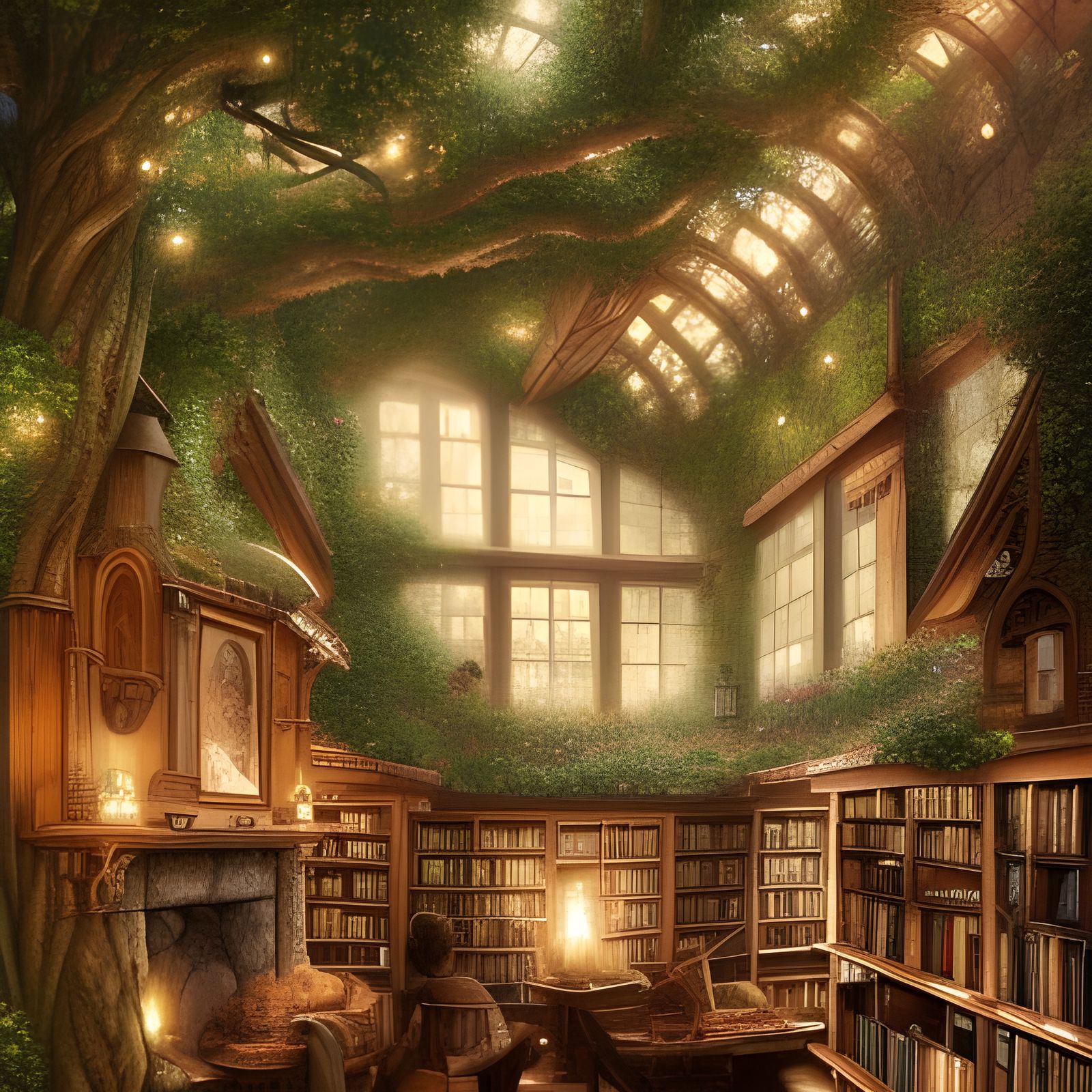 cozy library inside a tree - AI Generated Artwork - NightCafe Creator