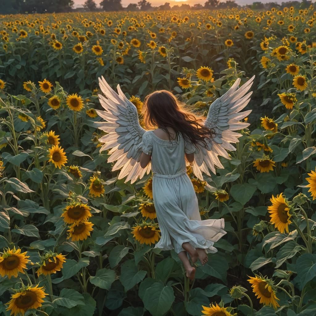 Angel flying over Sunflowers in heaven (light at dawn:1.9) (...