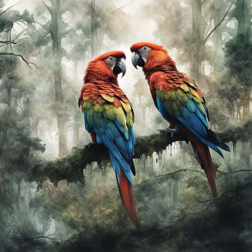 Two parrots into the deep jungle...