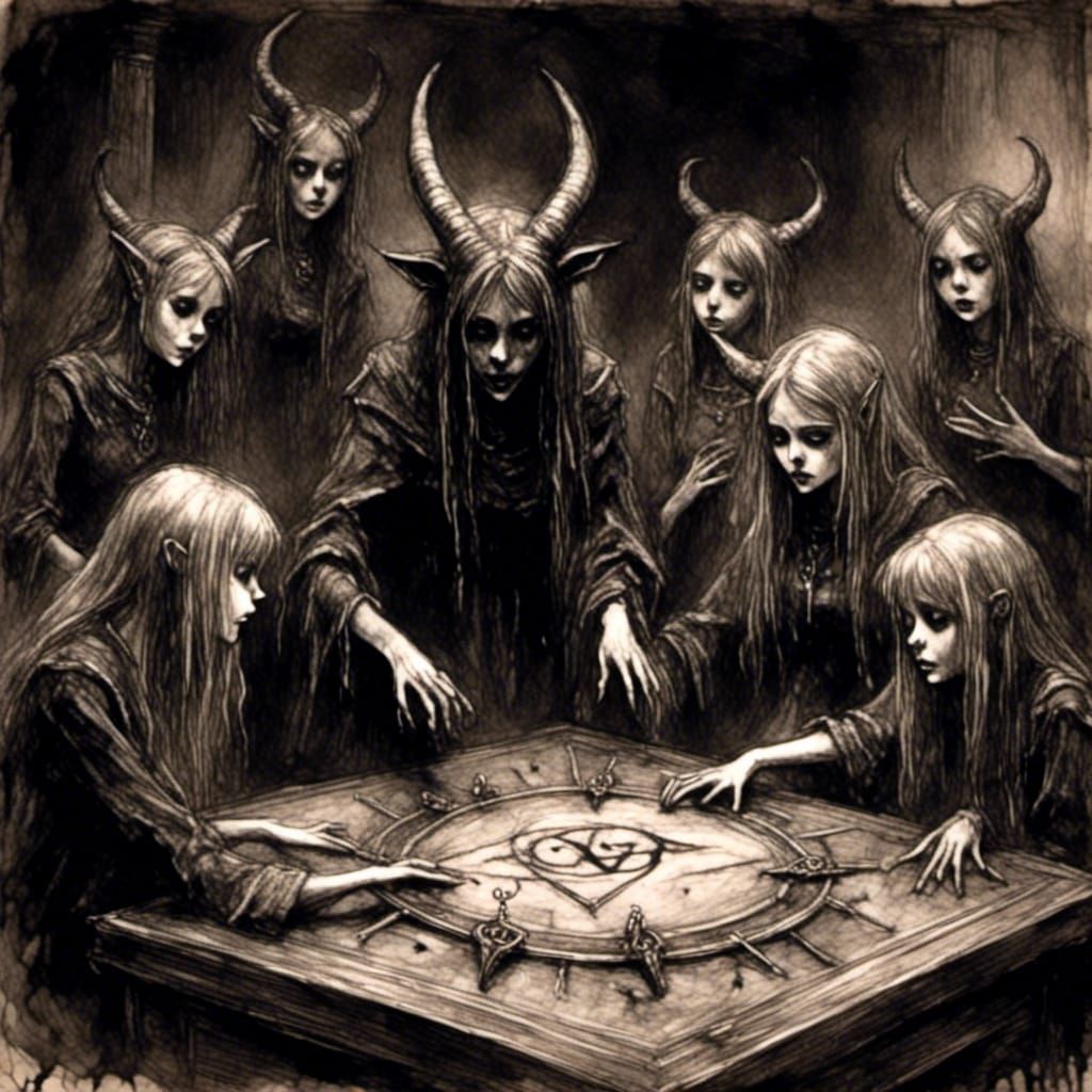  <lora:Psychix:1.0> teenage gothic girls summoning a horned demon through a ouija bord