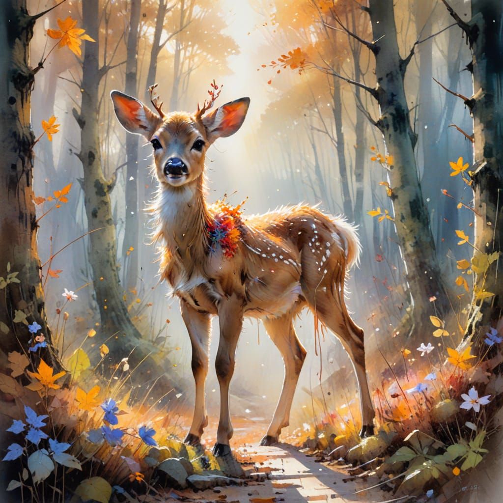 adorable fawn on autumn forest on a Sunlit path:In a vibrant forest where trees weave between clusters of blooming wildflowers 
This artwork...