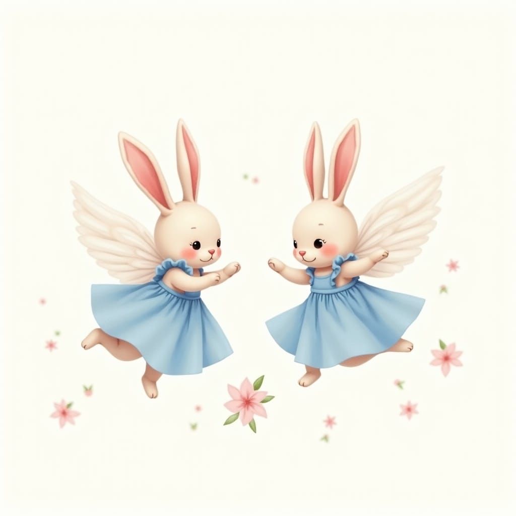 photorealistic color sketch. full shot. small delicate bunnies wearing ruffled blue dresses dance in ...  by @Eggsquizit